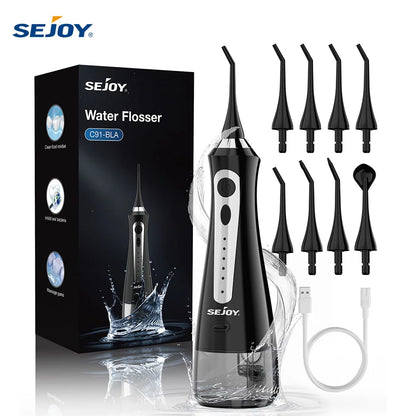SEJOY Water Flosser Dental Oral Irrigator Teeth Whitening Strips Portable 230ML Tank 5 Modes 8 Jet Tips for Home Use