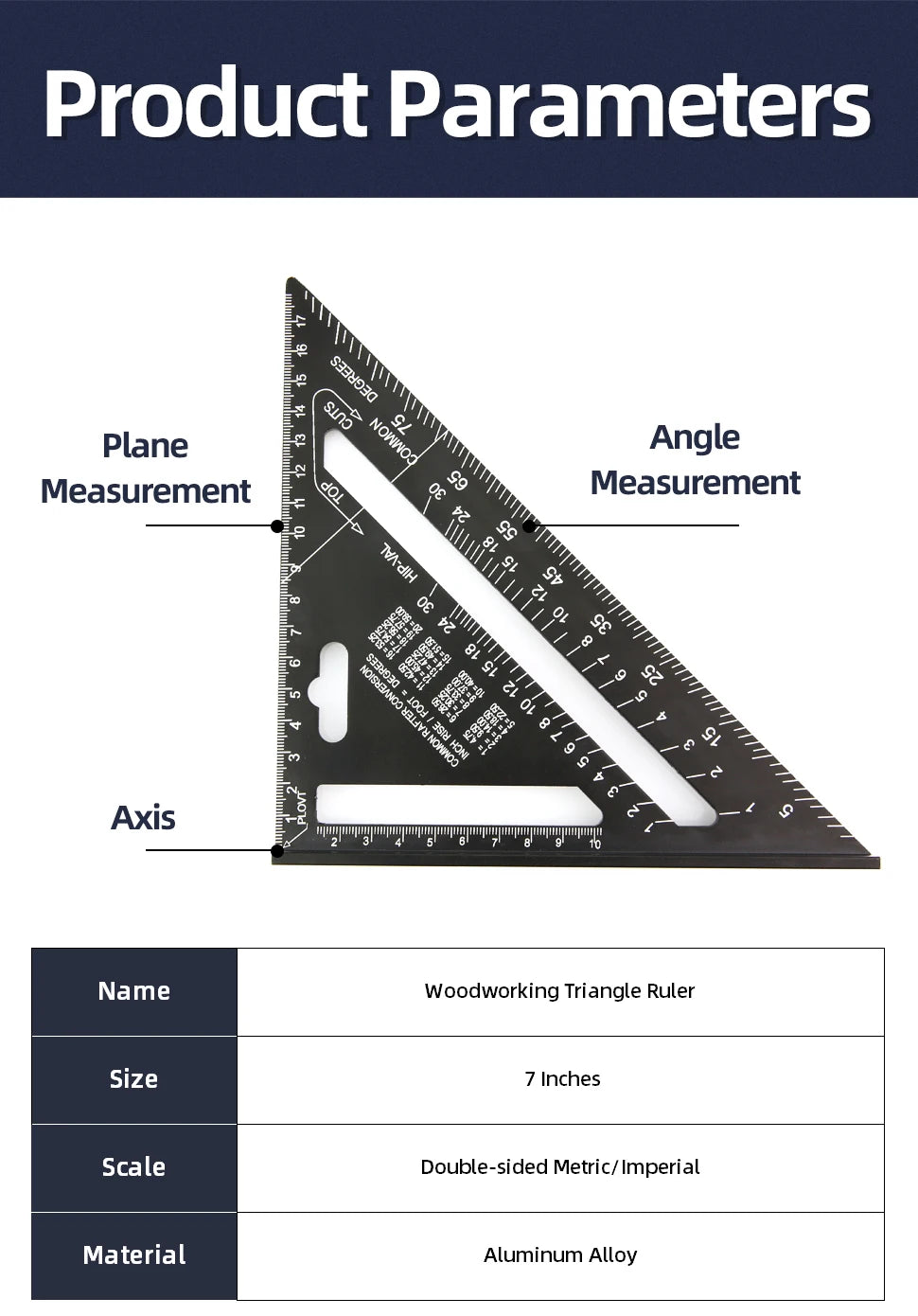 Triangle Ruler 7Inch Measurement Tool Aluminium Alloy Carpenter Set Square Angle Woodworking Tools Try Square Triangular Metric