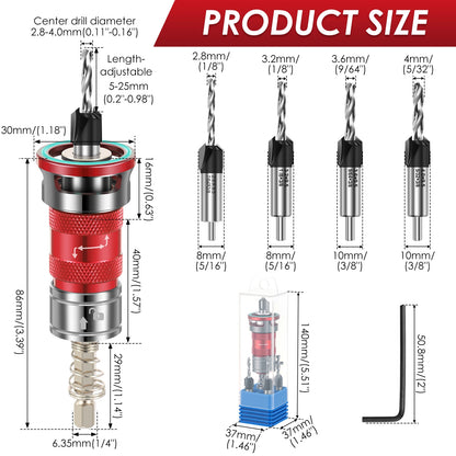 Woodworking Countersink Drill Bit Adjustable Depth Stop 4 Flute 1/4 Inch Hex Shank Pilot Hole Tool for Cabinet DIY Furniture