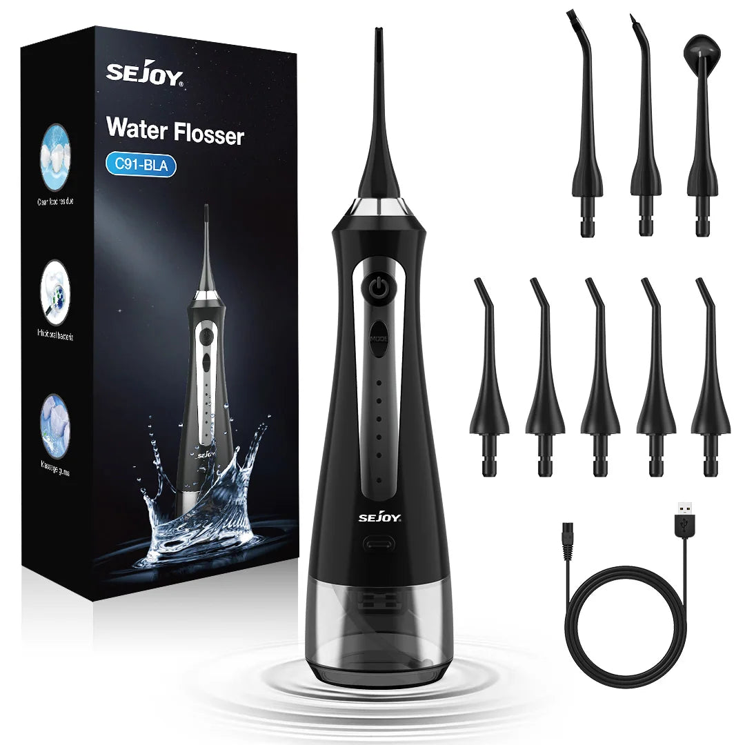 SEJOY Water Flosser Dental Oral Irrigator Teeth Whitening Strips Portable 230ML Tank 5 Modes 8 Jet Tips for Home Use