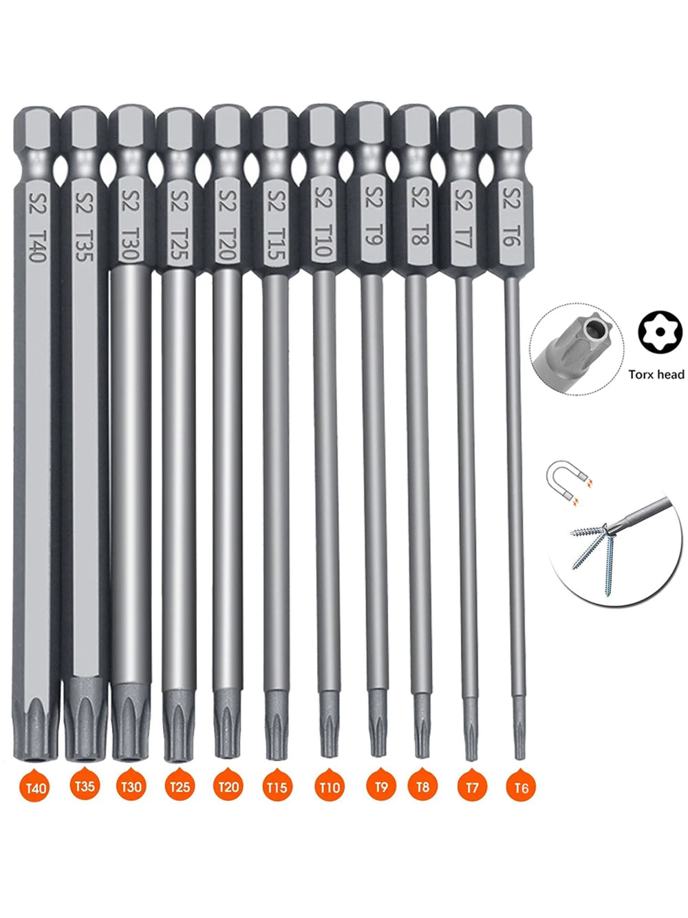 11 PCS T6-T40 Torx Security Bit Set S2 Steel Magnetic Star Screwdriver Set for Shark Vacuum 50/100mm