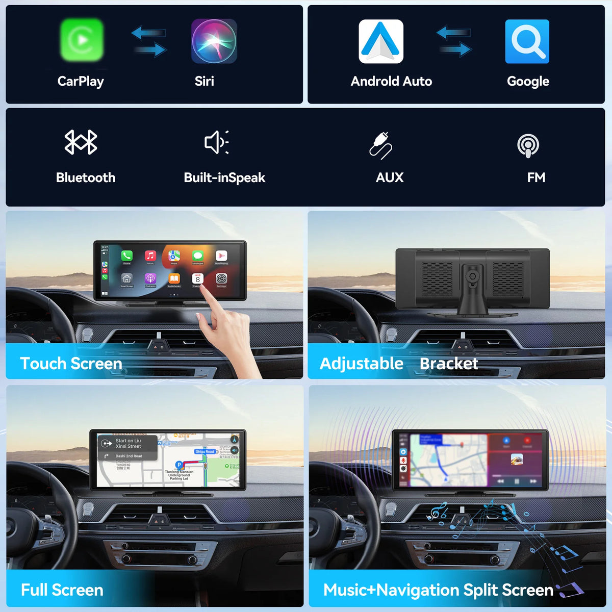 Universal Portable CarPlay Car Screen, Car Radio Multimedia WiFi Video Player, Wireless CarPlay Display for Apple or Android