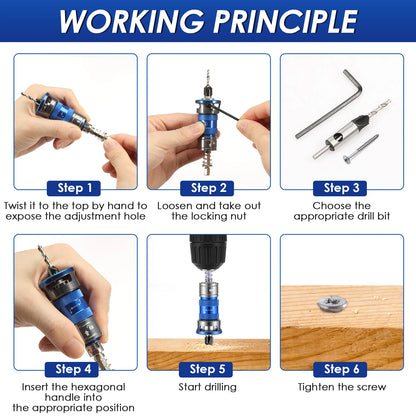 Woodworking Countersink Drill Bit Adjustable Depth Stop 4 Flute 1/4 Inch Hex Shank Pilot Hole Tool for Cabinet DIY Furniture