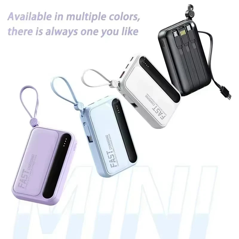 Lenovo Mini 50000mAh Fast Charging Battery Pack Power Bank with 4 Built-in Type C Cables for iPhone, Samsung, and Android Devices