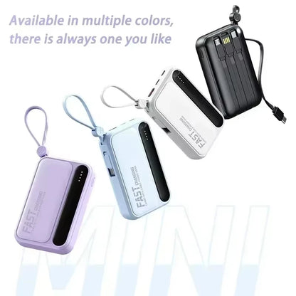 Lenovo Mini 50000mAh Fast Charging Battery Pack Power Bank with 4 Built-in Type C Cables for iPhone, Samsung, and Android Devices