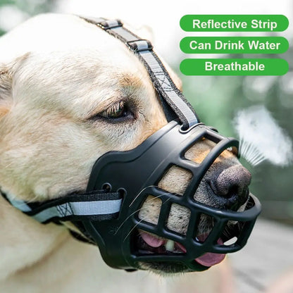 Adjustable Anti-Bite Dog Muzzle with Reflective Strip, Breathable Plastic, Allows Drinking Water