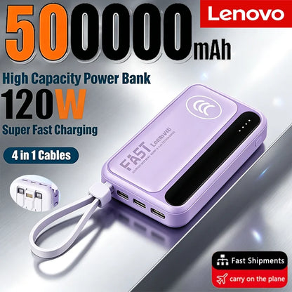 Lenovo Mini 50000mAh Fast Charging Battery Pack Power Bank with 4 Built-in Type C Cables for iPhone, Samsung, and Android Devices